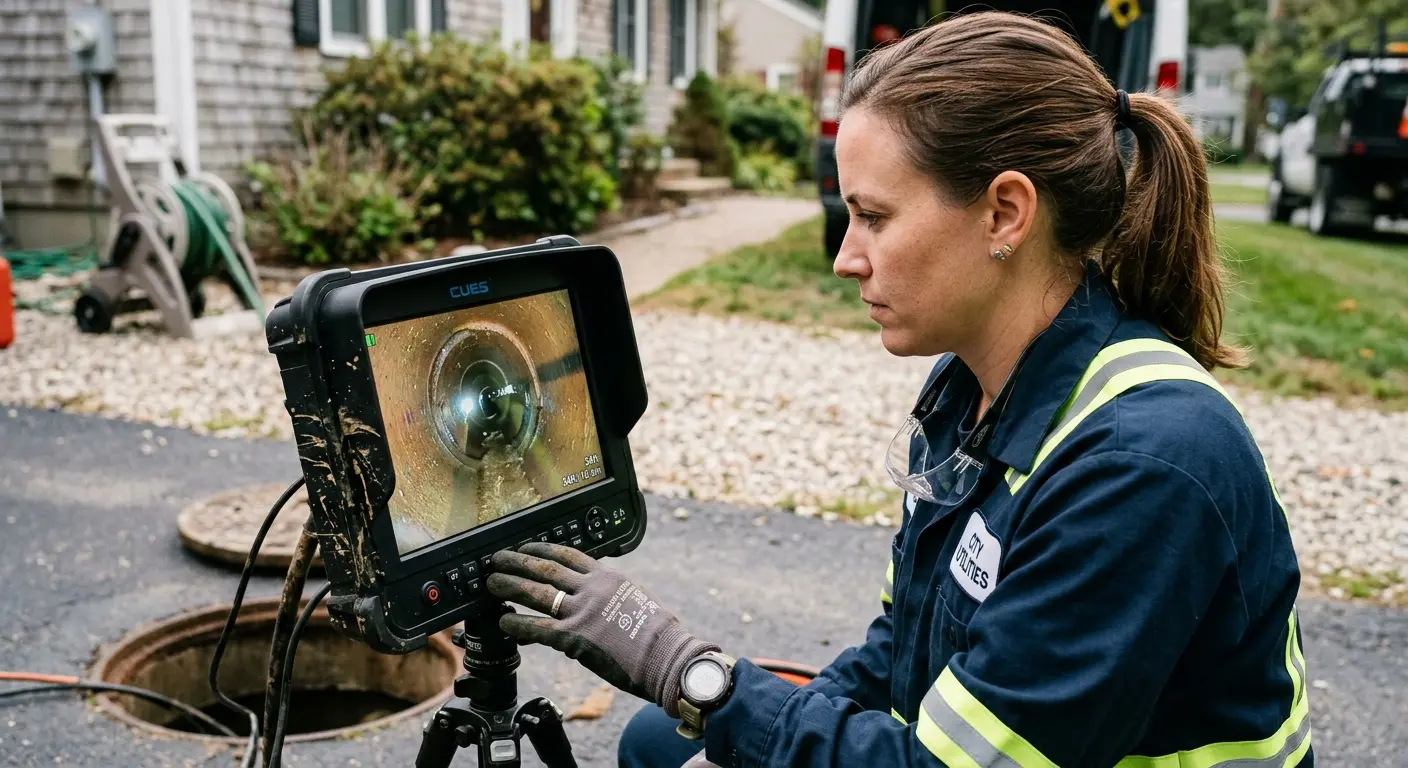 Technician reviewing sewer camera inspection footage in Hobart