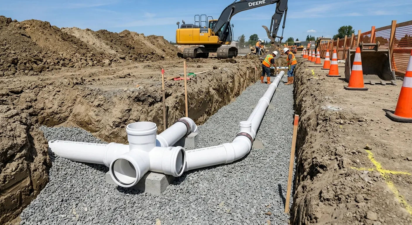 New PVC sewer pipe installation in open trench for Sewer Backup in Hobart